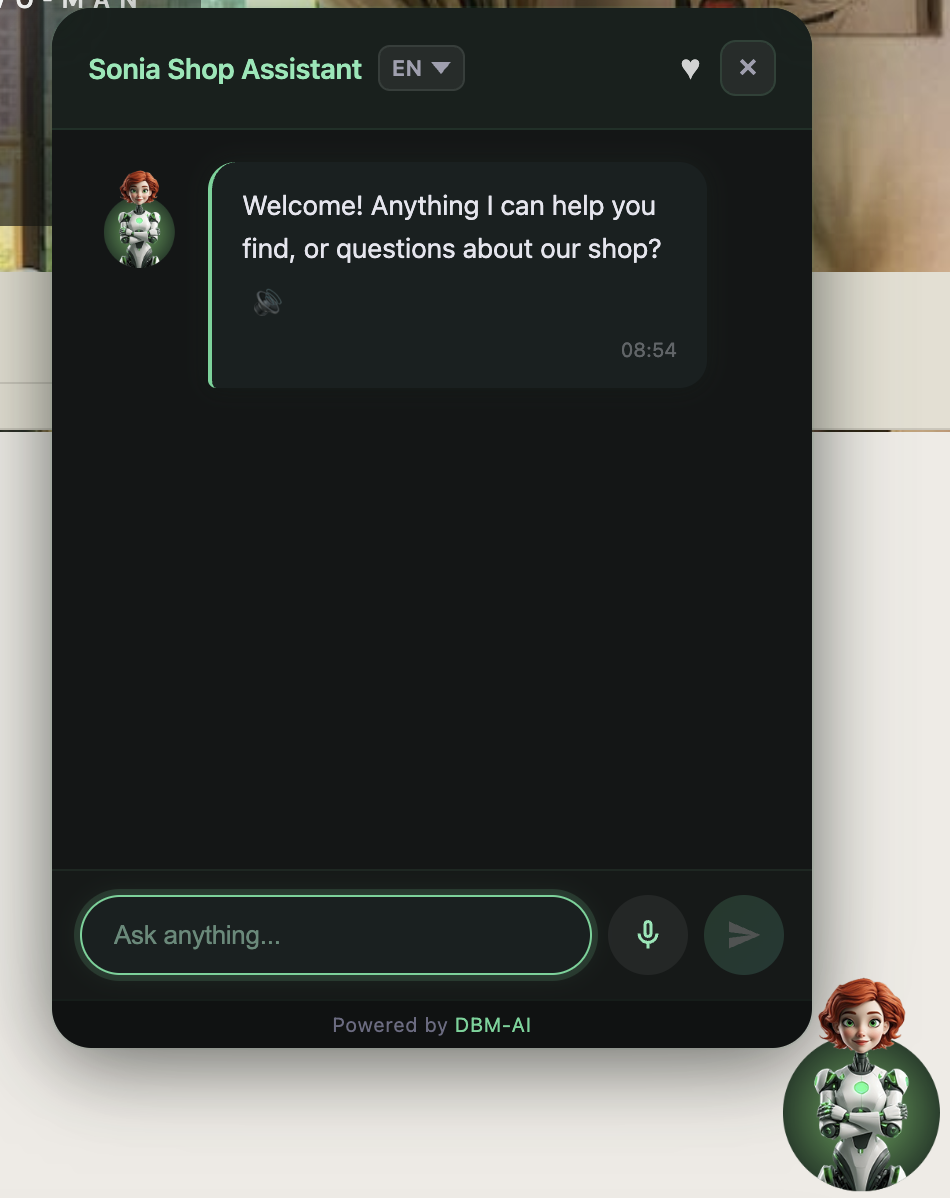 The Sonia chat panel on a shop page: a dark panel titled Sonia Shop Assistant with an English language selector, a welcome message, a text box with a microphone button, and Sonia's avatar in the corner.